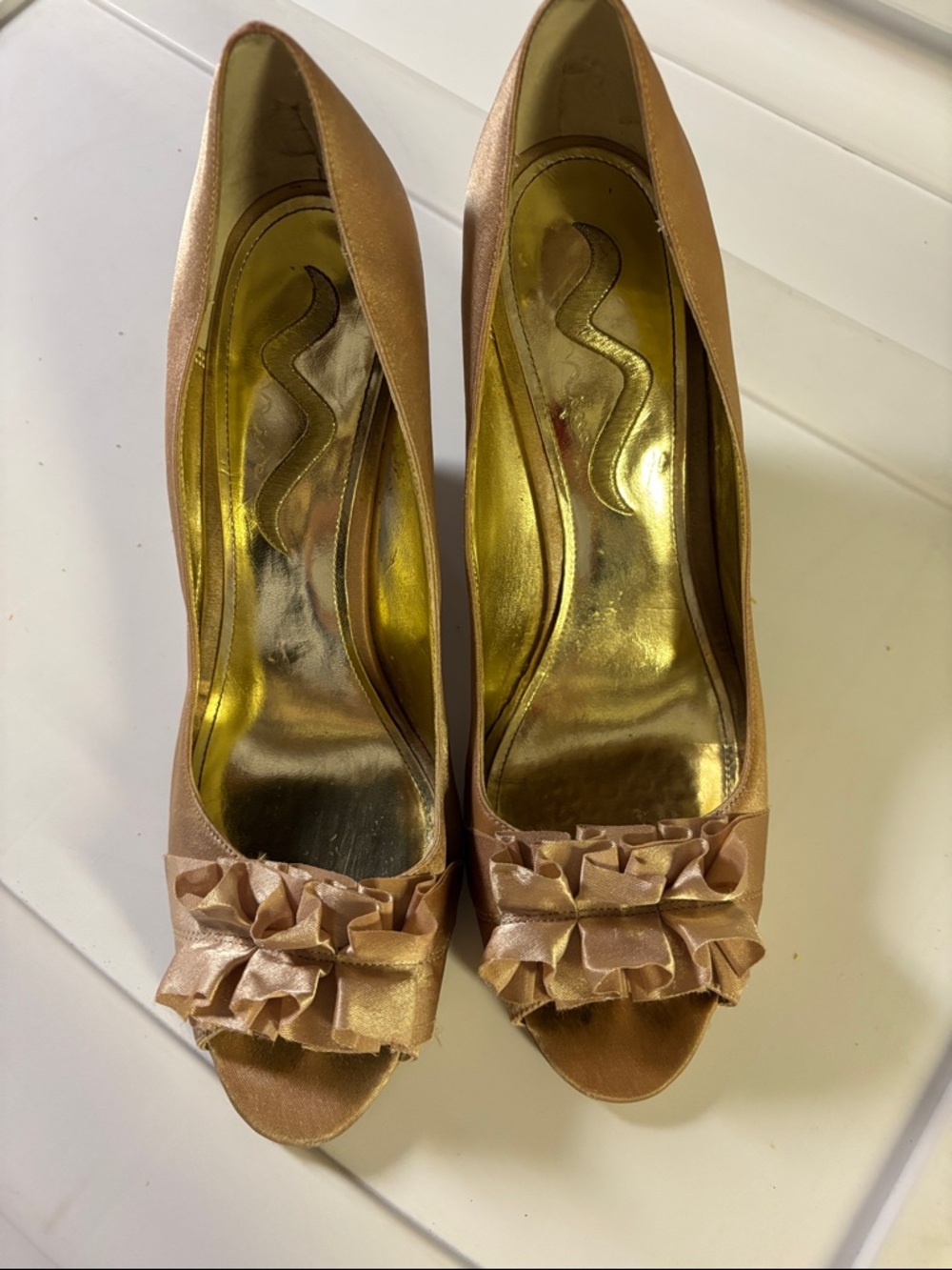 Nina Rose Gold Satin Peep-Toe Wedge Pumps with Ruffle Detail